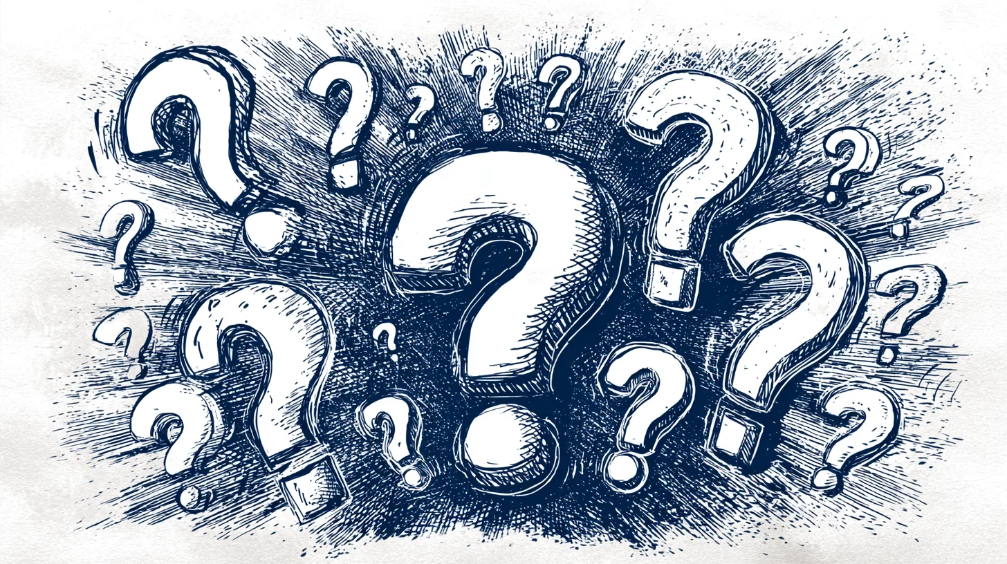 Floating question marks and exclamation point representing FAQ