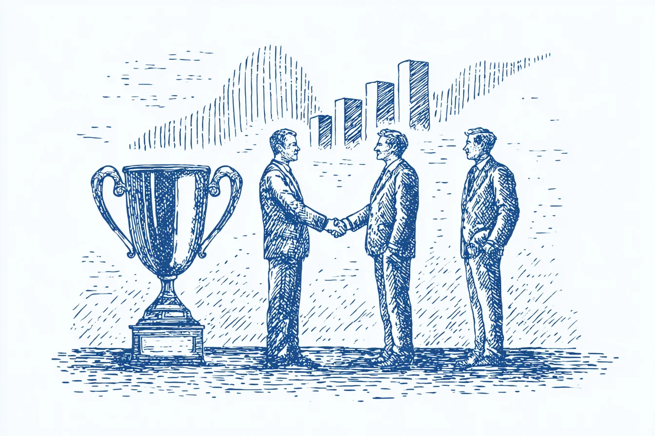 Trophy handshake and growth chart representing company values